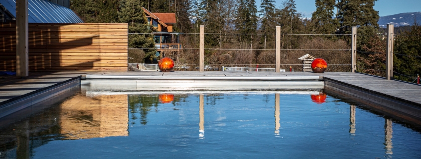 Timberra Naturpools mit Eisdecke im Winter